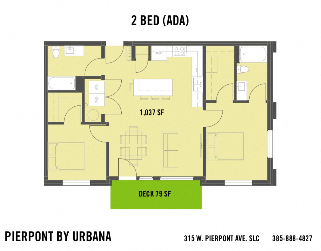 Floor plan for 2 beds, 2 baths, 1037 sqft